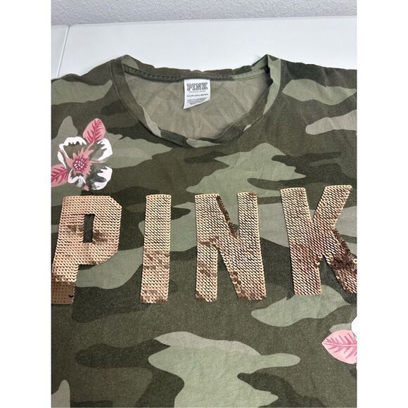 Victoria’a Secret PINK Retired Bling Rose Gold Camo Campus Tee XS - Picture 2 of 8